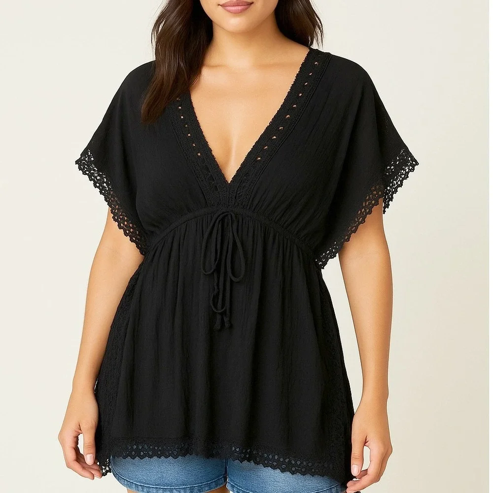 Topshop Black Crochet‎ Lace Trim Kaftan Swim Cover Up Beach Resort Wear Medium